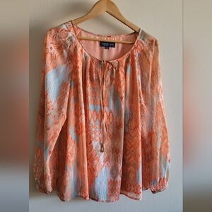 Jones New York Silky Patterned Blousy Top, Women's XL, Orange Cream & Light Blue